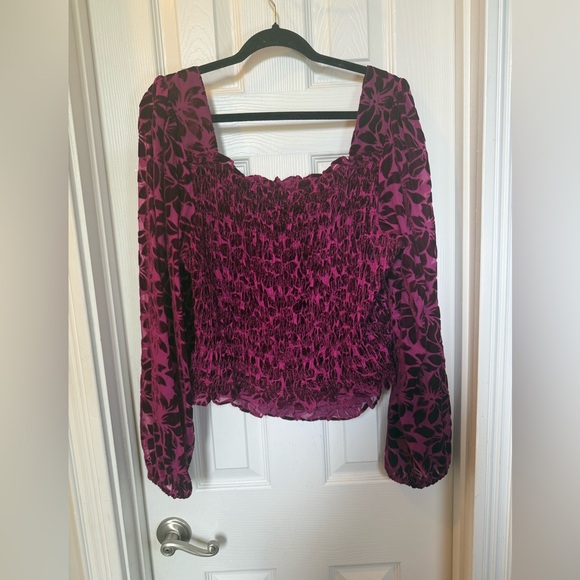 Pink Purple Puff Sleeve Burn Out Velvet Smocked Crop Blouse Bustier Sexy - Picture 7 of 7